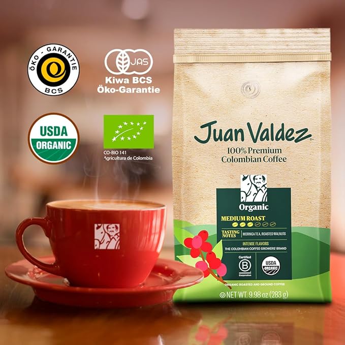Juan Valdez Organic Ground Coffee - Balanced Roast | 100% Colombian Arabica Beans | 100% Colombian Coffee | Certified USDA Organic | Notes of Moringa Tea & Roasted Nuts | 10 oz / 283 gr