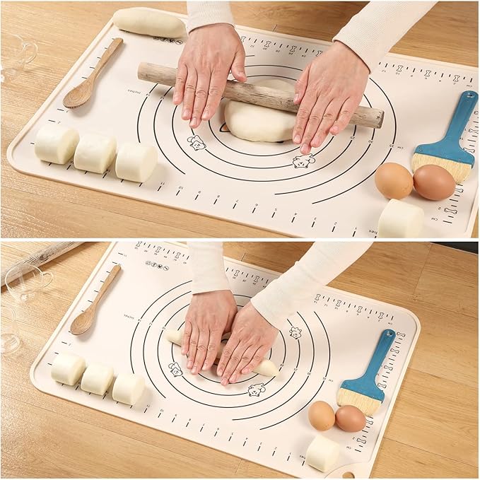 Silicone Pastry Mat 24"*16" Extra Thick Non Stick Baking Mat Food Grade Silicone Dough Rolling Bake Mat with Edge Heightening Cartoon Beige