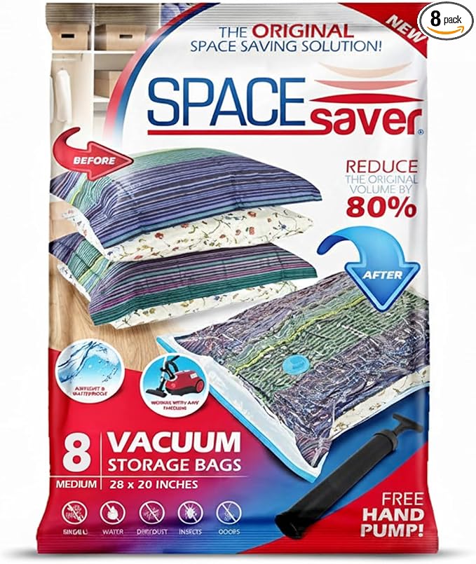 Spacesaver 8 Pack Medium Vacuum Storage Bags for Comforters, Blankets & Clothes – Vacuum Sealed Compression Bags with Hand Pump – Space Saver Storage Bags for Bedding, Moving, Travel & Organization