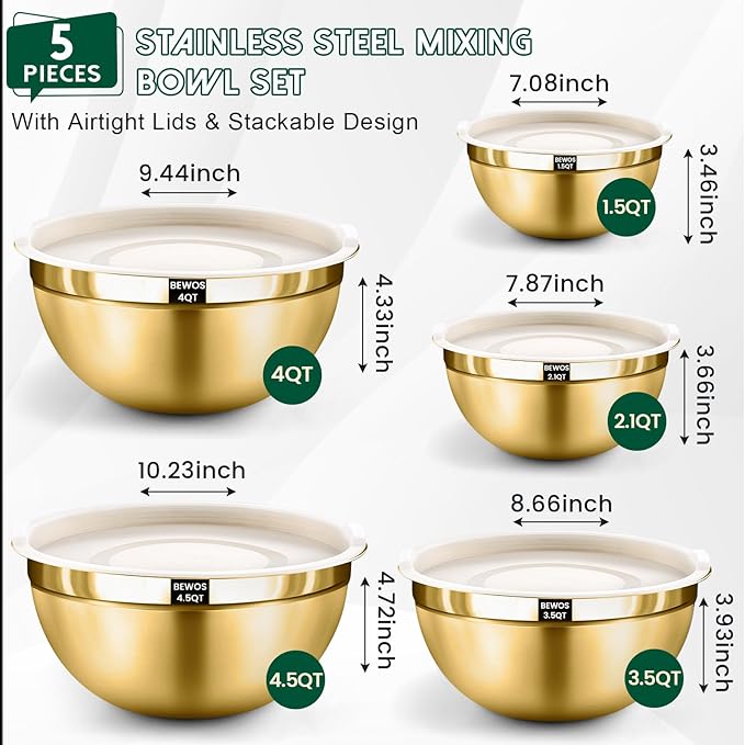 BEWOS 5PCS Mixing Bowls with Airtight Lids Set - 5 Stainless Steel Mixing Bowls, Dishwasher Safe, Ideal for Baking & Meal Prep, Stackable Design for Easy Storage