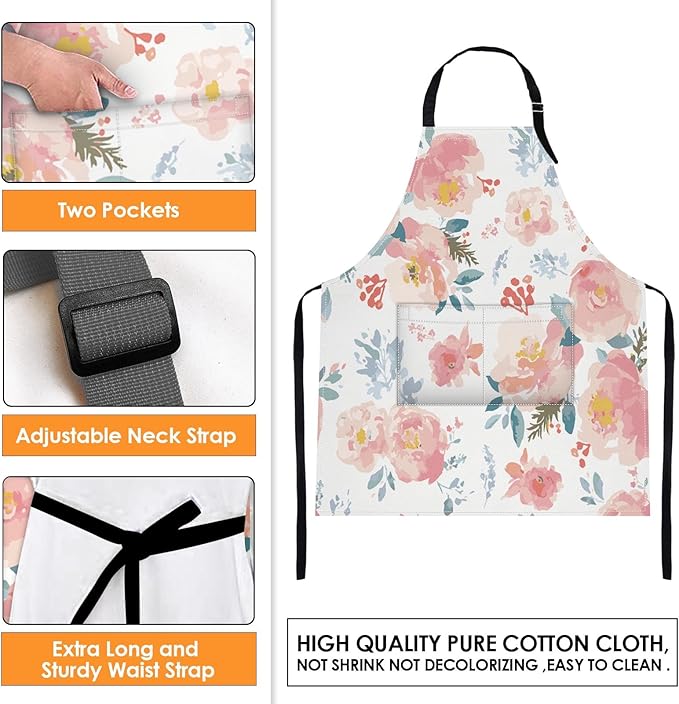 Britimes Apron Home Kitchen Cooking Baking Gardening for Women Men With Pockets Romantic Floral Flower Rose Pink 32x28 inch