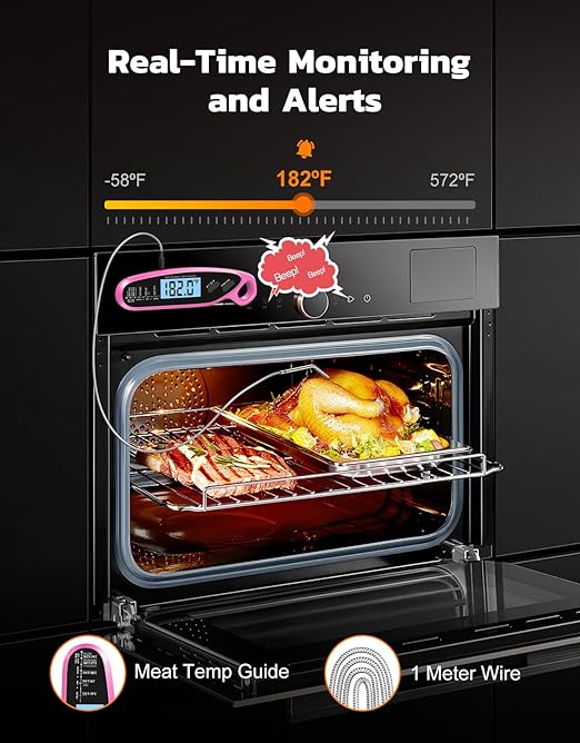 Instant Read Meat Thermometer Digital for Cooking & Grilling with Dual Probe, Big Backlit Screen & Auto-Calibration, Food Thermometer for Grill, Smoker, BBQ, Oven, Candy, Oil Fry - Pink