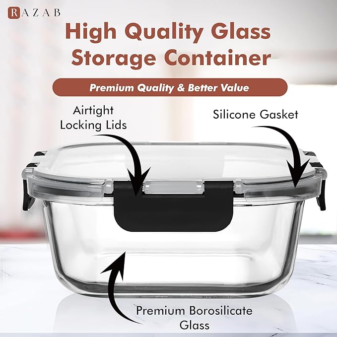 Razab 2 PC 1200ML / 42 Oz Glass Food Storage Containers with Lids - Airtight & Leakproof - Microwave/Oven/Freezer Safe - BPA Free - Ideal for Meal Prep, Storing Leftover & Lunch