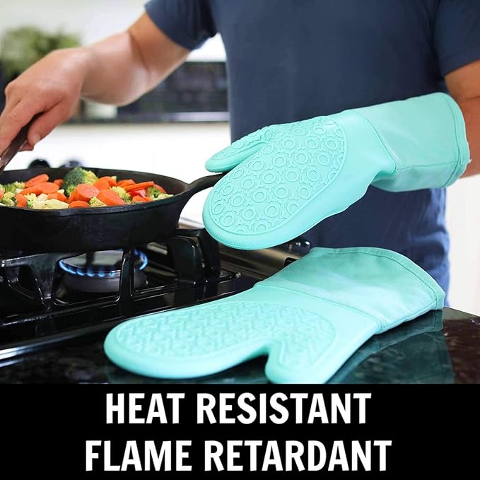 HOMWE Silicone Oven Mitts and Pot Holders, 4-Piece Set, Heavy Duty Cooking Gloves, Kitchen Counter Safe Trivet Mats, Advanced Heat Resistance, Non-Slip Textured Grip (Aqua Turquoise)
