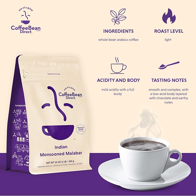 Coffee Bean Direct Indian Monsooned Malabar, Whole Bean Coffee, Light Roast, 1 Pound Bag (Pack of 1)