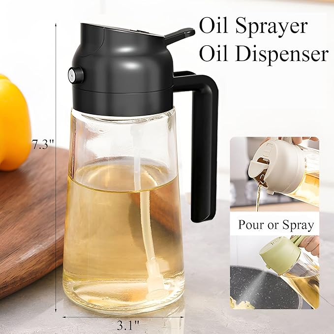 Olive Oil Sprayer Mister for Cooking,Olive Oil Dispenser Bottle 2 IN 1,17oz Oil Mister Spray Bottle,Premium Glass Oil Spritzer Bottle for Kitchen Air Fryer,Baking,Salad,Grilling,BBQ (Black 1 Pack)