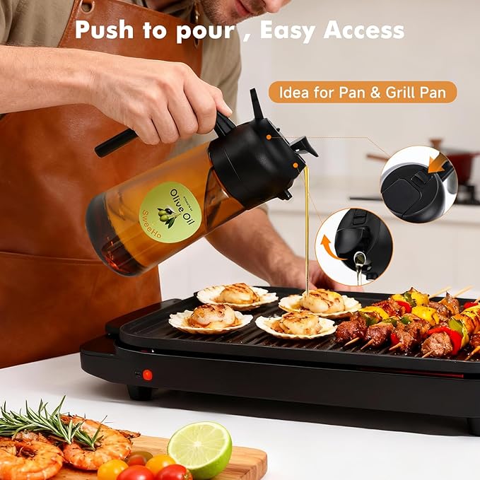 Oil Sprayer for Cooking,470ml Cooking Olive Oil Sprayer and Oil Dispenser 2 In 1, Food-grade Glass Oil Spray Bottle Mister for Air Fryer, BBQ, Griddle (Black+dark brown glass and color label)