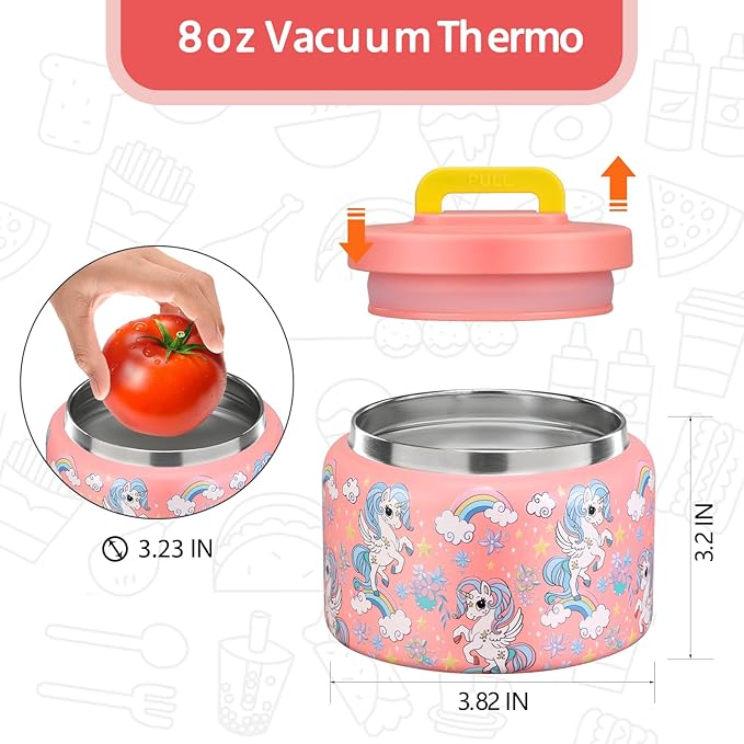 MAISON HUIS 8oz Soup Thermo Wide Mouth Vacuum Insulated Thermo Food Jar, Leak Proof Stainless Steel Thermo for Hot&Cold Food Kids Food Lunch Soup Container for School Travel (Pink-Rainbow