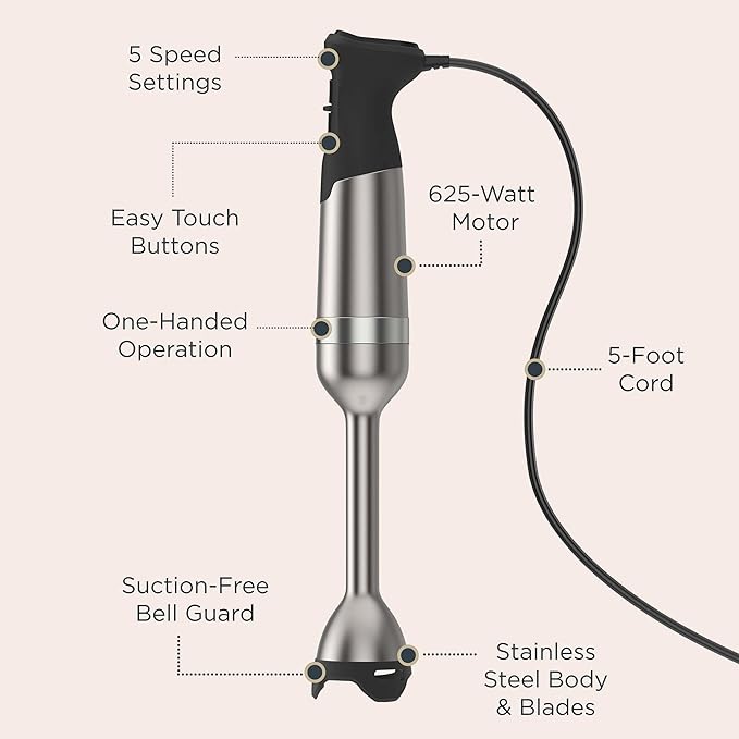 Vitamix 5-Speed Immersion Blender, Professional-Grade Hand Blender with 625-Watt Motor and Stainless-Steel Blade, Stainless Steel/Black