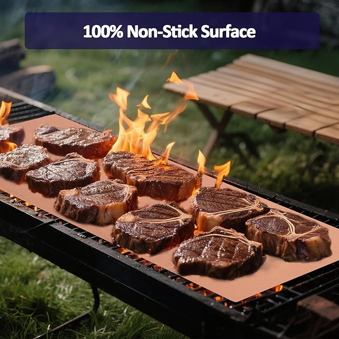 UBeesize 13x90 Inch Copper Grill Mats Roll for Outdoor Grill- Heavy Duty Non-Stick BBQ Grilling Mat & Oven Liner, Reusable, Easy to Clean - Cut to Custom Fit Oven, Gas, Charcoal, and Electric BBQ