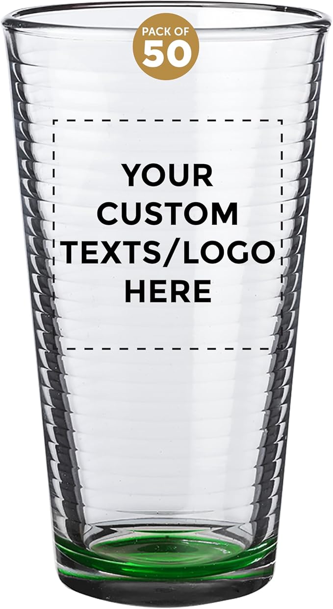 Custom Spiral Pint Glass 16 oz. Set of 50, Personalized Bulk Pack - Beer Glasses, Heavy Duty Drinkware - Green