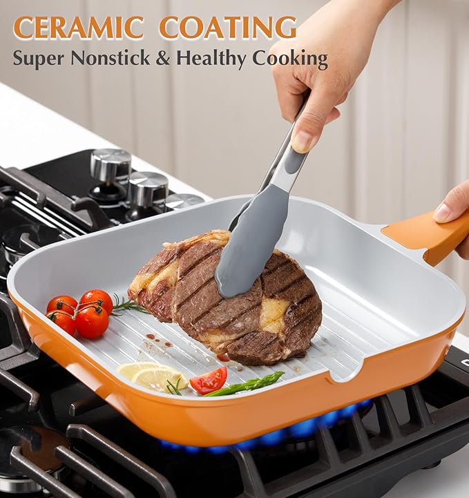 KOCH SYSTEME CS 9.5 Inch Nonstick Grill Pan for Stove Tops, Square Griddle Pan with Pour Spouts, Grill Pan for Indoor Cooking, Grill Skillet with Bakelite Handle, PTFE & PFOA Free, Orange