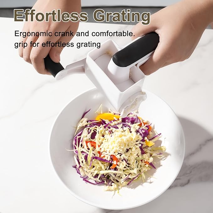 Cheese Grater with Hand Crank - 3 Adjustable Grating Drums for Parmesan & Hard Cheeses - Shatter-Resistant & Easy to Clean
