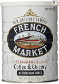 French Market Coffee & Chicory Restaurant Blend Medium-Dark Roast Ground Coffee, 12oz Can (Pack of 12)