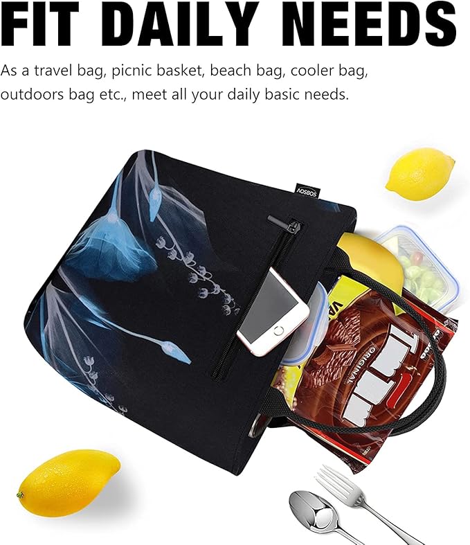 Aosbos Lunch Tote Bag, Insulated Lunch Box for Women, Leakproof Lunch Cooler Purse for Work, Black Dream Flower