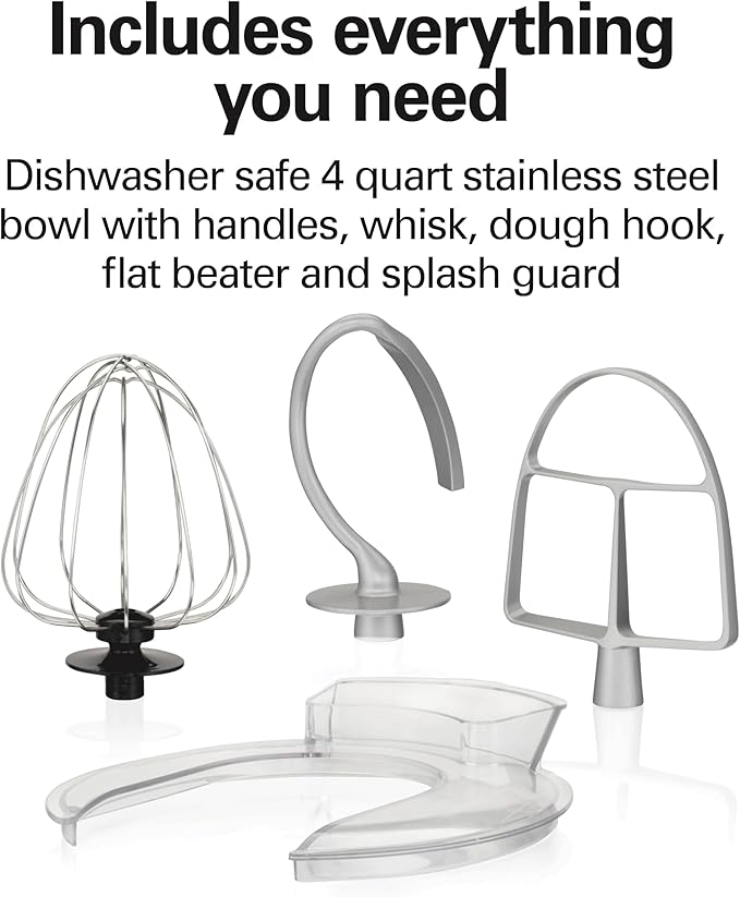 Hamilton Beach Electric Stand Mixer, 4 Quarts, Dough Hook, Flat Beater Attachments, Splash Guard, 7 Speeds with Whisk, Easy-Carry Top Handle, Silver