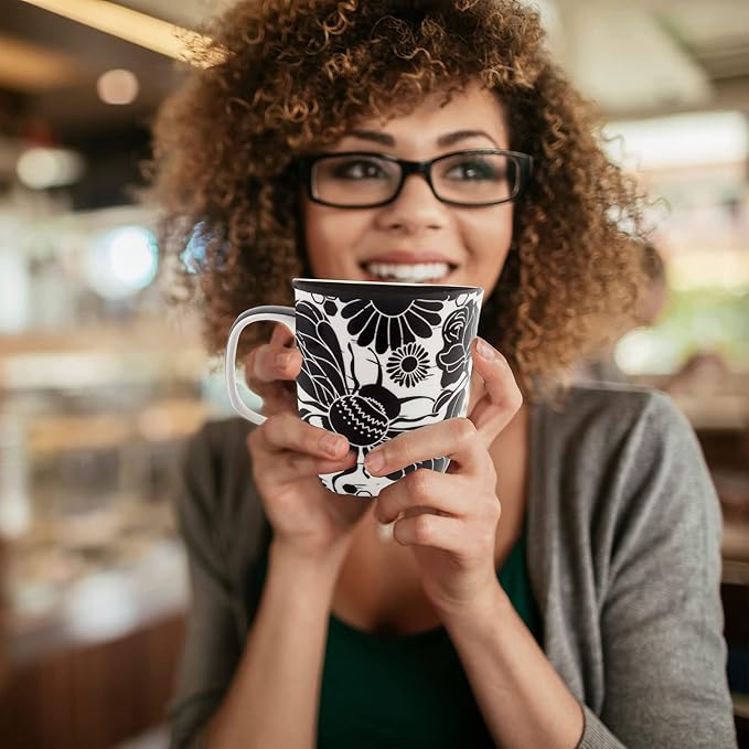 Karma Gifts 16 oz Black and White Boho Mug Bee - Cute Coffee and Tea Mug - Ceramic Coffee Mugs for Women and Men, 1 Count (Pack of 1)