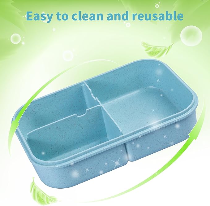 Wheat Straw Lunch Box, Leakproof Bento Box for Kids, BPA-Free Lunch Containers for Adults with 3 Compartments, Microwave Safe (Blue, Regular Size)