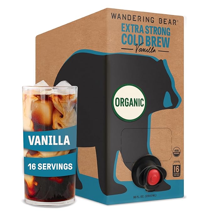 Wandering Bear Organic Vanilla Coffee Cold Brew On Tap, Iced Coffee Drink -Extra Strong, Smooth, No Sugar Added, Shelf-Stable, Ready to Drink, Gluten Free & Vegan Decaf -16 Servings of 6fl.oz -96fl.oz