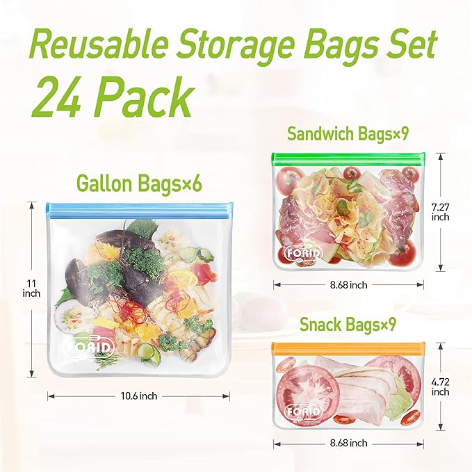 FORID 24 Pack Reusable Food Storage Bags, Silicone Gallon Freezer Bags, Sandwich Snack Resealable Lunch Bags, Extra Thick Leakproof for Marinate Food, Fruit Cereal Travel Items Home Kitchen