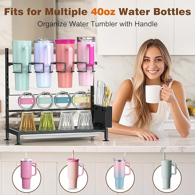 Housolution Water Bottle Organizer Drying Rack for 40oz Tumbler with Handle, 5 Levels Height Adjustable Cup Holder Storage Rack, Compatible with Stanley, Owala, Simple Modern and Other Brands