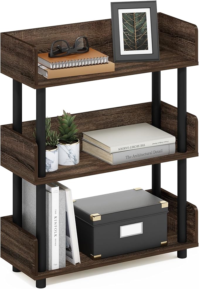 Furinno TURN-N-TUBE 3-Tier Display Shelf, Storage Shelves, Book Shelf, Open Shelves with Rounded Corner Top Edges, for Organization and Storage, Living Room, Home Office, Walnut