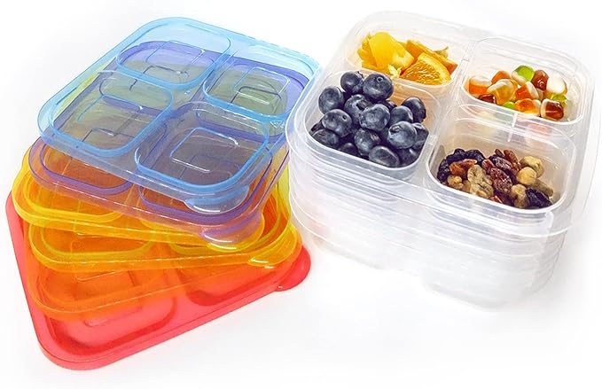 Finorder 6 Pack 4-Compartment Food Containers, Reusable Snack Containers for Kids Adults School Work Picnic, Lunch Bento Box Meal Prep Containers (Classic Color Set)