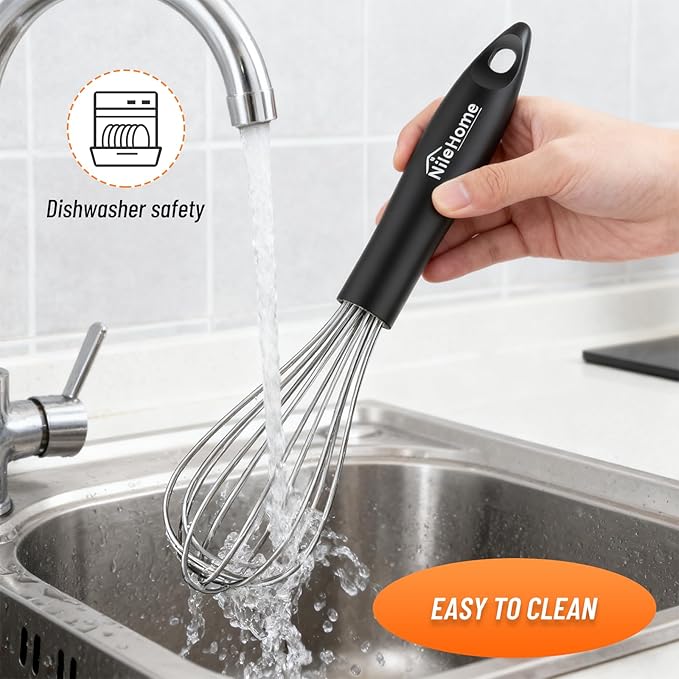 NileHome Silicone Whisk Set 8" 10" 12", 3 Pack Kitchen Whisk Kitchen Wisk Wire Whisks for Cooking, Whisking, Blending, Beating, Stirring-Black Silver