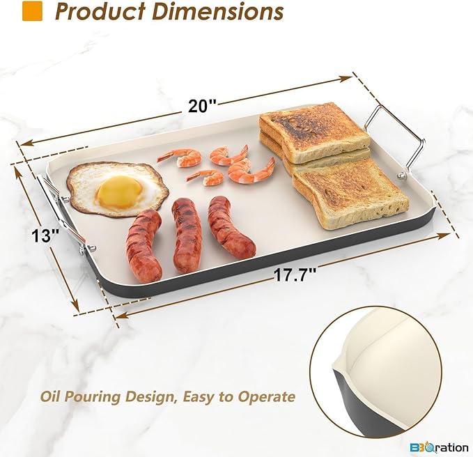 17.7" x 13" Griddle Pan for Gas Grill and Ovens, Stainless Steel Handles, Non Stick Ceramic Griddle Pan Griddle Skillet, PTFE Free PFOA Free, Black