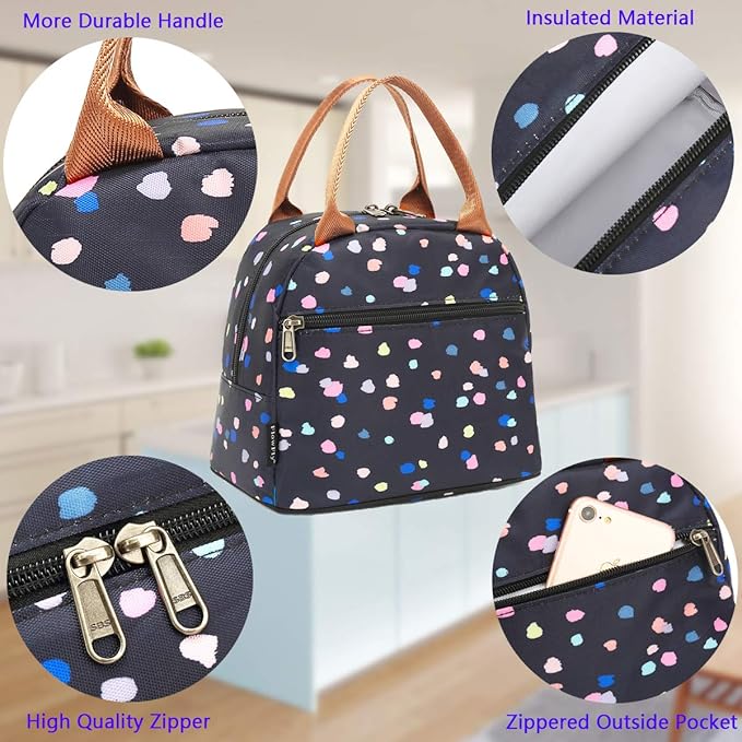 FlowFly Insulated Lunch Cooler Bag - Tote Organizer for Women/Men, Black Flower