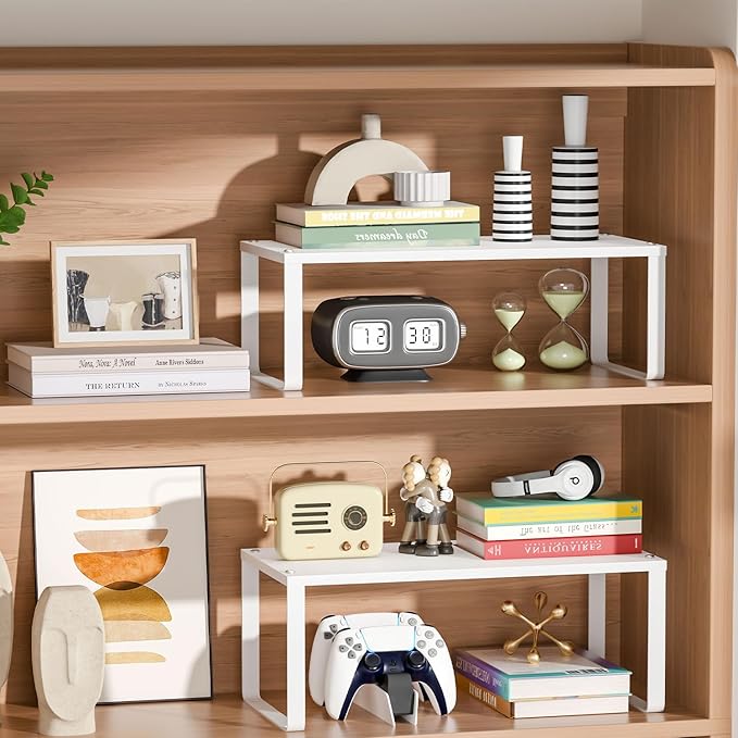 15.75" Long Stackable Expandable Metal Shelf Organizer For Kitchen Cabinet Counter Storage, Set of 2 Small Metal Storage Shelves Spice Rack For Kitchen Cupboard Countertop,Sturdy, 30LBS Heavy Duty