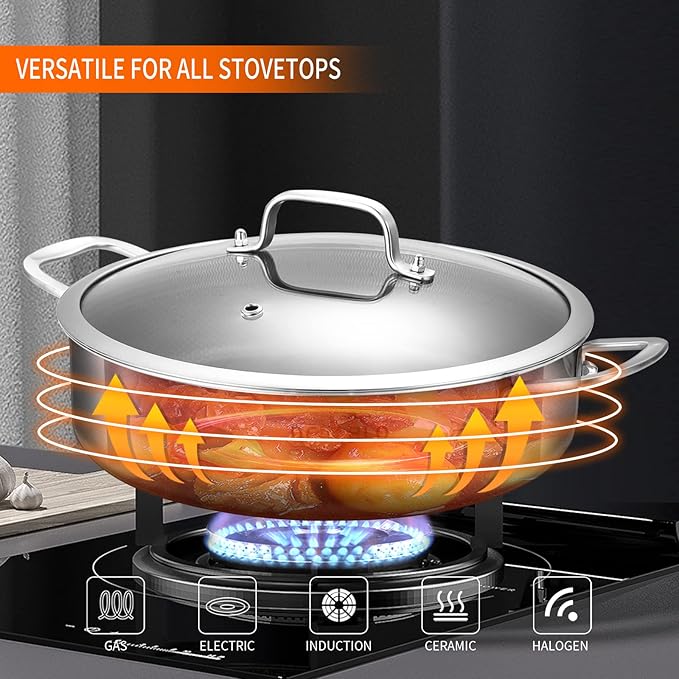 DELARLO Frying Pan,12 inch Skillet with lid,Tri-Ply Stainless Steel Saute Pan 6QT,Dishwasher-Friendly,Stay-Cool Handles,Oven-Safe Up to 660℉
