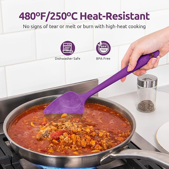 U-Taste Silicone Baking Spatula Set: 480ºF High Heat Resistant, Food Grade Flexible Rubber Kitchen Cooking Mixing Scraper, Food Grade Seamless Utensil for Nonstick Cookware Set of 3 (Purple)