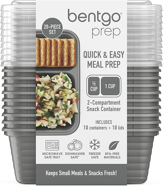 Bentgo Prep - 2-Compartment Snack Containers with Lids - Reusable, Microwaveable, Durable, PFAS & BPA-Free, Freezer and Dishwasher-Safe Meal Prep Food Storage - 10 Trays & 10 Lids (Pewter)