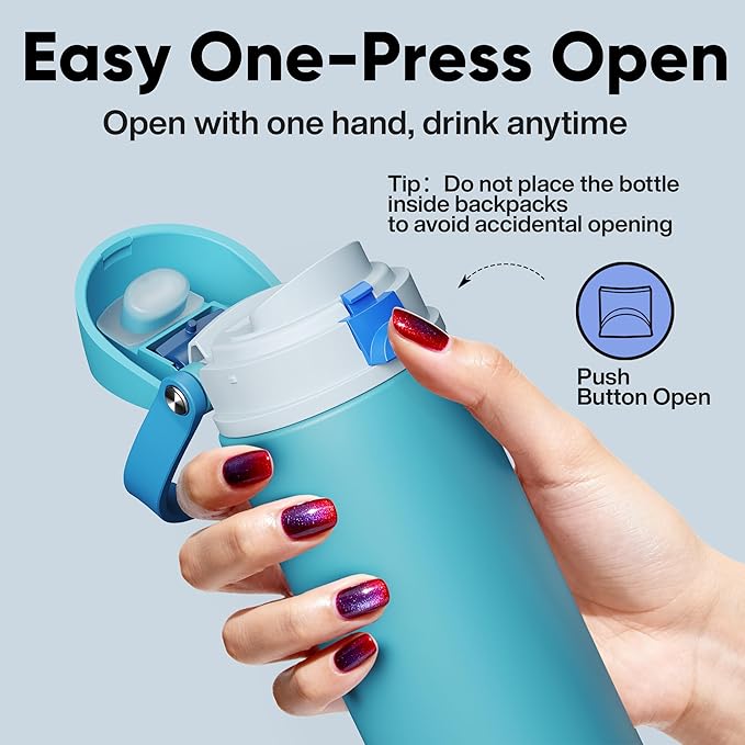 Insulated Water Bottle with Straw - Encool Stainless Steel Water Bottle with Push Button Lid, Leak-Proof & BPA-Free, Keeps Cold for 24 Hours for Sports, Travel, Gym (24 oz, Silk Blue)