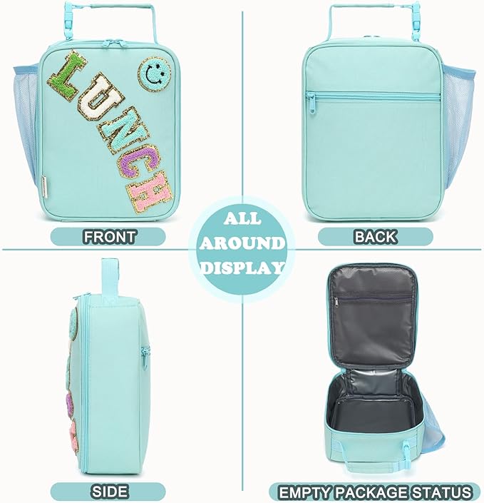 FlowFly Lunch box Insulated Soft Bag Mini Cooler Back to School Thermal Meal Tote Kit With Buckle and Mesh Side Pocket for Girls, Boys, GreenWithLetter