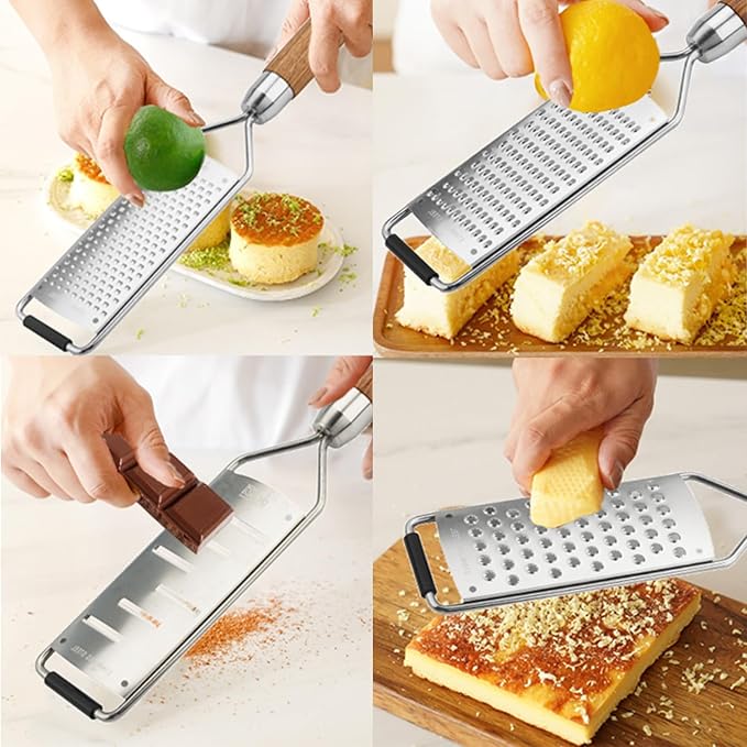 Professional Cheese Grater Stainless Steel,Multi-Purpose Grater With Wood Handle for Cheese, Ginger, Lemon, Garlic, Nutmeg,Fruits,Chocolate & Spices-Wideboard (fine)