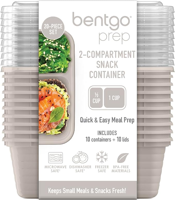 Bentgo Prep - 2-Compartment Snack Containers with Lids - Reusable, Microwaveable, Durable, PFAS & BPA-Free, Freezer and Dishwasher-Safe Meal Prep Food Storage - 10 Trays & 10 Lids (Clay)