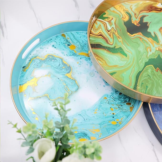 Round Black Marbling Decorative Tray with Handles, 13" Morden Plastic Serving Tray for Coffee Table Bathroom, Ottoman, Home Decor