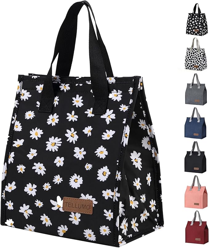 TELLUMO Lunch bag, Insulated Lunch Bag for Women Men Large Lunch Box Container Reusable Leakproof Tote for Office, Work, School, Beach or Travel (Black Daisy)