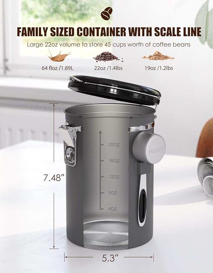 HAIOOU Airtight Coffee Canister, 16OZ Small Stainless Steel Coffee Bean Storage Container with Date Tracker, Measuring Scoop, CO2 Releasing Valves and Mini Tongs for Beans, Grounds and more - Gray
