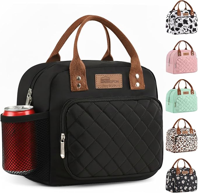 HOMESPON Lunch Bag for Woman Man Adults with Front Pocket Insulated Lunch Tote Lunch Box Container for Work Picnic or Travel(Black Side Pockets)