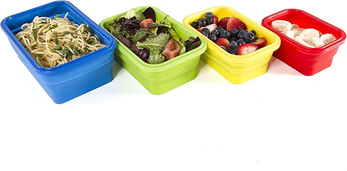 Kitchen Home Thin Bins Collapsible Containers – Set of 4 Rectangle Silicone Food Storage Containers – BPA Free, Microwave, Dishwasher and Freezer Safe