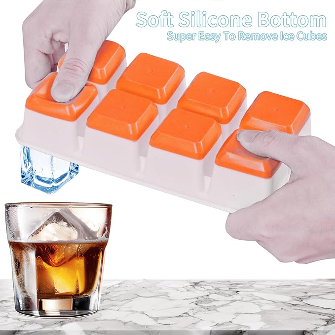Large Ice Cube Trays with Lid, Jrisbo 2 Pack Stackable Silicone Ice Cube Molds for Freezer, Easy Release 16 Big Square Ice Trays for Whisky Cocktails (Orange)