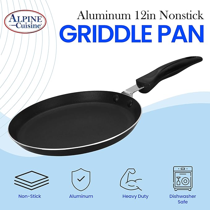Alpine Cuisine Griddle Pan Aluminum 12-Inch Nonstick Coating, Griddle Pan for Stove Top with Stay Cool Handle, Durable Nonstick Cookware - Dishwasher Safe - Gray