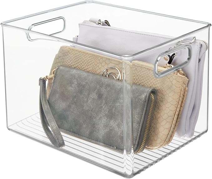 mDesign Plastic Storage Closet Organizer Bin, Container Bin for Entryway, Hallway, Bedroom, Linen, and Coat Closet - Organization for Clothing, Blankets, Toys, and Accessories, Ligne Collection, Clear