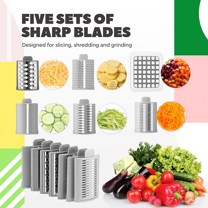 6-in-1 Rotary Cheese Grater with 12 Blades Hand Crank Food Grater Vegetable Slicer with Suction Base, 360° Rotating Handle and Safety Push Cup Multi Blade Shredder Chopper to Dice for Kitchen