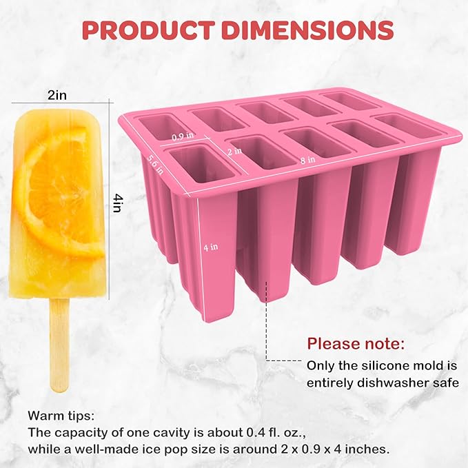 Miaowoof Homemade Popsicle Molds, 10-Cav Non-BPA Silicone Ice Pop Maker, with 50 Sticks, 50 Bags, 10 Reusable Sticks, Funnel, Brush and Ice Pop Recipe (Pink)