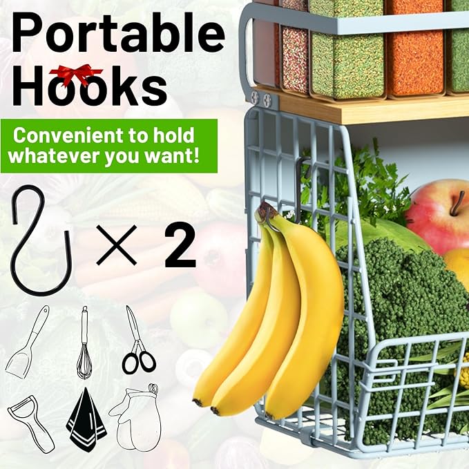 Magnetic Shelf for Fridge with Wood Lid, Fruit Potato and Onion Storage Bins, Pantry Organizers & Storage, Large Container Magnetic Spice Rack for Refrigerator, Kitchen Counter, Cabinet (Blue, 2)