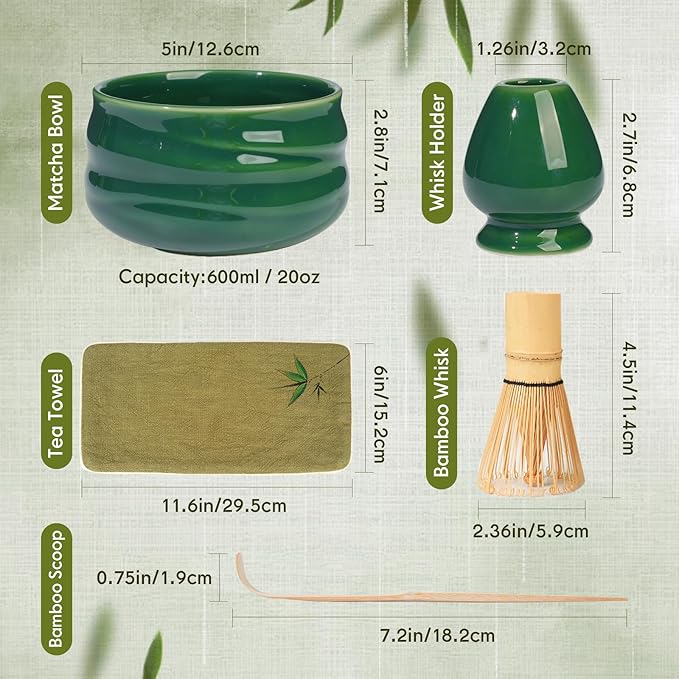 Matcha Whisk Set – Ceramic Matcha Set with Matcha Bowl, Matcha Whisk & Holder, Bamboo Scoop, Tea Towel – 5-Piece Japanese Matcha Kit for Matcha Lovers, Beginners & Gifting (Green, 20oz)